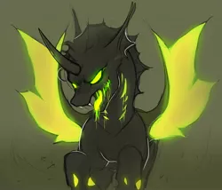 Size: 2520x2160 | Tagged: artist:xsissa, changeling, derpibooru import, fangs, forked tongue, glow, glowing eyes, green changeling, open mouth, safe, sketch, solo