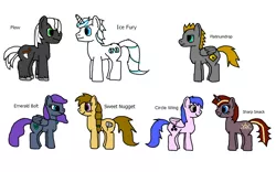 Size: 768x480 | Tagged: safe, artist:platinumdrop, derpibooru import, oc, oc:circle wing, oc:emerald bolt, oc:ice fury, oc:platinumdrop, oc:plow, oc:sharp smack, oc:sweet nugget, unofficial characters only, earth pony, pegasus, pony, unicorn, doodle, female, flockmod, male, mare, simple background, stallion, white background