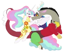 Size: 4960x3508 | Tagged: safe, artist:miyathegoldenflower, derpibooru import, discord, princess celestia, alicorn, draconequus, pony, semi-anthro, absurd resolution, clothes, dislestia, dress, female, jacket, male, shipping, simple background, straight, transparent background