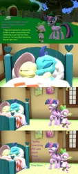 Size: 900x2000 | Tagged: suggestive, artist:fullmoonrose7, derpibooru import, fluttershy, princess ember, spike, twilight sparkle, twilight sparkle (alicorn), alicorn, dragon, pony, 3d, bed, comic, embershy, implied lesbian, implied sex, jaw drop, raised hoof, sleeping, source filmmaker