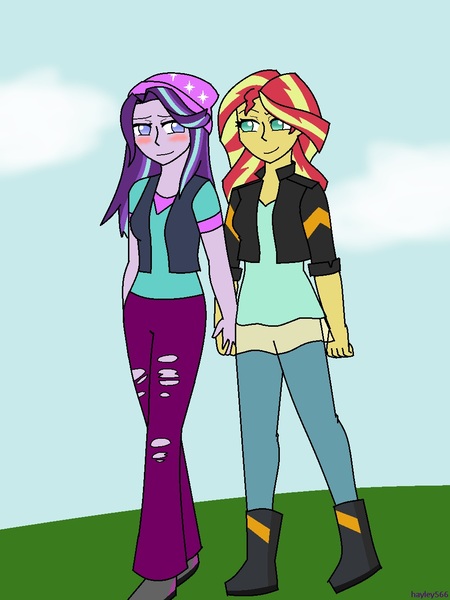 Size: 960x1280 | Tagged: safe, artist:hayley566, derpibooru import, starlight glimmer, sunset shimmer, equestria girls, beanie, blushing, boots, clothes, female, hat, holding hands, jacket, leather jacket, lesbian, pants, shimmerglimmer, shipping, shoes, torn clothes