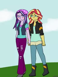 Size: 960x1280 | Tagged: safe, artist:hayley566, derpibooru import, starlight glimmer, sunset shimmer, equestria girls, beanie, blushing, boots, clothes, female, hat, holding hands, jacket, leather jacket, lesbian, pants, shimmerglimmer, shipping, shoes, torn clothes