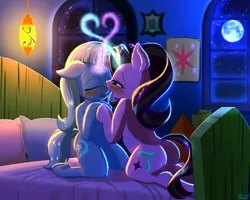 Size: 1500x1200 | Tagged: suggestive, artist:phoenixperegrine, derpibooru import, starlight glimmer, trixie, pony, semi-anthro, unicorn, anatomically incorrect, bed, bedroom, bedroom eyes, blushing, cutie mark, eyes closed, female, females only, floppy ears, full moon, glowing horn, heart, incorrect leg anatomy, kissing, kneeling, lesbian, magic, moon, night, open mouth, pillow, plot, shipping, starlight's room, stars, startrix, underhoof, window
