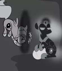 Size: 666x761 | Tagged: artist:egophiliac, ask, dark woona, derpibooru import, filly, grayscale, lunar stone, magic, monochrome, moonstuck, nightmare moon, nightmare woon, princess luna, safe, tumblr, unimpressed, woona, younger