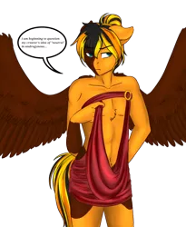 Size: 884x1078 | Tagged: abs, alternate hairstyle, anthro, anthro oc, artist:blackblood-queen, clothes, crossdressing, derpibooru import, dialogue, dracony, dress, floppy ears, girly, hybrid, kangaroo dress, large wings, male, oc, oc:daniel dasher, partial nudity, pegasus, simple background, solo, solo male, speech bubble, spread wings, stallion, suggestive, topless, transparent background, unamused, unofficial characters only, wings