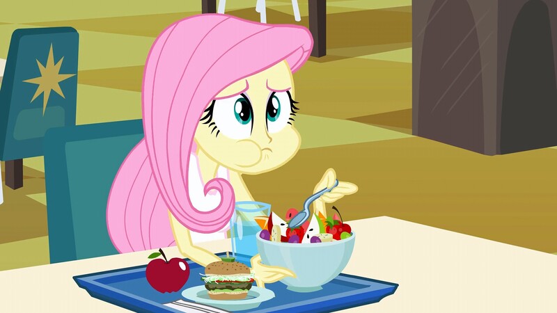 Size: 1920x1080 | Tagged: safe, derpibooru import, screencap, fluttershy, equestria girls, equestria girls (movie), apple, aweeg*, burger, eating, food, fruit salad, puffy cheeks, salad, solo, spoon