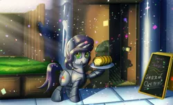 Size: 2800x1700 | Tagged: safe, artist:elmutanto, derpibooru import, sweetie belle, pony, robot, robot pony, unicorn, bakery, confetti, cutie mark, female, filly, foal, grand opening, hooves, horn, looking at you, solo, sweetie bot, text