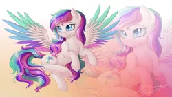 Size: 1024x576 | Tagged: safe, artist:novaintellus, derpibooru import, oc, oc:starburst, unofficial characters only, pegasus, pony, colored wings, colored wingtips, female, flying, mare, multicolored wings, solo, underhoof, zoom layer