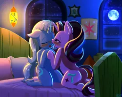 Size: 1500x1200 | Tagged: suggestive, artist:phoenixperegrine, derpibooru import, starlight glimmer, trixie, pony, semi-anthro, unicorn, anatomically incorrect, bed, bedroom, bedroom eyes, blushing, cutie mark, eyes closed, female, females only, floppy ears, full moon, incorrect leg anatomy, kneeling, lesbian, moon, night, open mouth, pillow, plot, shipping, starlight's room, stars, startrix, underhoof, window