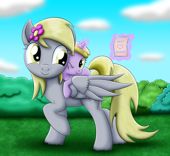 Size: 2656x2446 | Tagged: safe, artist:lifesharbinger, derpibooru import, derpy hooves, dinky hooves, pegasus, pony, unicorn, equestria's best daughter, equestria's best mother, female, filly, flower, flower in hair, headcanon, magic, mare, note, one eye closed, ponies riding ponies, raised hoof, smiling, telekinesis, wink