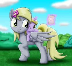 Size: 2656x2446 | Tagged: safe, artist:lifesharbinger, derpibooru import, derpy hooves, dinky hooves, pegasus, pony, unicorn, equestria's best daughter, equestria's best mother, female, filly, flower, flower in hair, headcanon, magic, mare, note, one eye closed, ponies riding ponies, raised hoof, smiling, telekinesis, wink