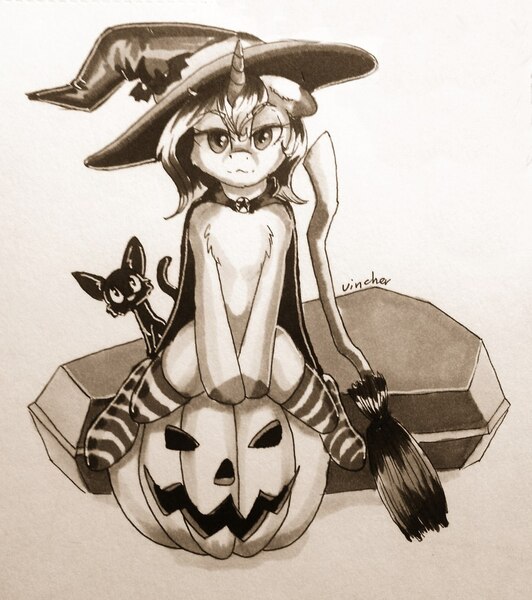 Size: 958x1080 | Tagged: safe, artist:vincher, derpibooru import, oc, oc:vincher, unofficial characters only, cat, pony, unicorn, broom, cape, casket, clothes, female, hat, jack-o-lantern, mare, monochrome, pumpkin, socks, solo, striped socks, traditional art, witch hat