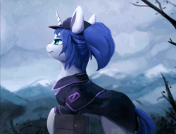 Size: 650x494 | Tagged: safe, artist:rodrigues404, derpibooru import, oc, oc:cassius, unofficial characters only, pony, unicorn, animated, cinemagraph, clothes, commission, female, gif, hat, looking up, mare, smiling, snow, snowfall, solo