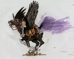 Size: 1926x1547 | Tagged: artist:ciumostwo, bridle, derpibooru import, hoers, horse, human, humans riding ponies, nightmare moon, riding, running, saddle, safe, simple background, spread wings, tack, this will end in tears, traditional art