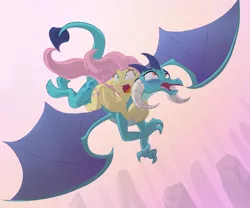 Size: 1200x996 | Tagged: artist:jaeneth, choking, crack shipping, crying, derpibooru import, dragon, dragon lord ember, embershy, female, fluttershy, flying, hug, lesbian, open mouth, ponies riding dragons, princess ember, riding, safe, screaming, shipping, wide eyes