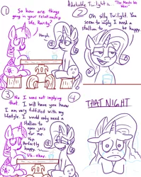 Size: 1280x1611 | Tagged: safe, artist:adorkabletwilightandfriends, derpibooru import, rarity, twilight sparkle, twilight sparkle (alicorn), alicorn, pony, unicorn, comic:adorkable twilight and friends, adorkable twilight, blanket, comic, crying, cup, dialogue, duo, floppy ears, forever alone, lidded eyes, lineart, lonely, meme, open mouth, pillow, sad, sitting, slice of life, smiling, steam, stool, table