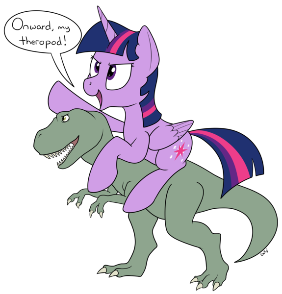 Size: 2038x2128 | Tagged: safe, artist:rapidstrike, derpibooru import, twilight sparkle, twilight sparkle (alicorn), alicorn, dinosaur, pony, tyrannosaurus rex, dialogue, giant pony, macro, ponies riding dinosaurs, simple background, theropod, transparent background, wat