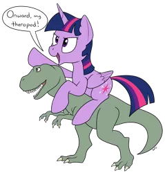 Size: 2038x2128 | Tagged: safe, artist:rapidstrike, derpibooru import, twilight sparkle, twilight sparkle (alicorn), alicorn, dinosaur, pony, tyrannosaurus rex, dialogue, giant pony, macro, ponies riding dinosaurs, simple background, theropod, transparent background, wat