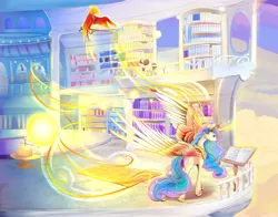 Size: 2100x1650 | Tagged: safe, artist:viwrastupr, derpibooru import, philomena, princess celestia, raven, alicorn, phoenix, pony, balcony, beautiful, book, bright, cloud, crown, curved horn, cutie mark, epic wings, ethereal mane, female, flowing mane, flying, glowing horn, jewelry, large wings, lidded eyes, magic, majestic, mare, master and pet, multicolored mane, multicolored tail, pet, powerful, reading, regalia, scenery, smiling, sparkles, telekinesis, tiara