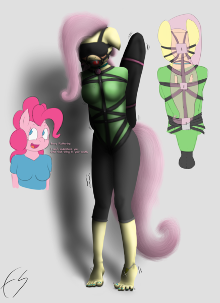 Size: 1600x2200 | Tagged: anklet, anthro, arm behind back, armbinder, artist:facelesssoles, ballgag, blindfold, blushing, bondage, bondage mitts, bound wings, clothes, collar, derpibooru import, drool, female, females only, floppy ears, fluttershy, gag, harness, key, leggings, lock, nail polish, pet tag, pinkie pie, pinkie prick, plantigrade anthro, questionable, shirt, shivering, toenail polish, twinkle, wing sleeves