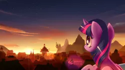 Size: 3200x1800 | Tagged: safe, artist:nekokevin, derpibooru import, twilight sparkle, twilight sparkle (alicorn), alicorn, pony, canterlot, canterlot castle, cloud, digital art, female, lens flare, looking at something, mare, morning, night, ponyville, rear view, scenery, sky, solo, stars, sunset, town hall, twilight (astronomy), watermark