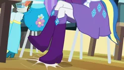 Size: 1920x1080 | Tagged: safe, derpibooru import, screencap, aqua blossom, rarity, scott green, equestria girls, boots, clothes, cropped, cup, flower, helping twilight win the crown, high heel boots, jewel, jewelry, legs, skirt, tail