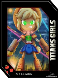 Size: 2025x2737 | Tagged: safe, artist:the-butch-x, derpibooru import, part of a set, applejack, robot, equestria girls, angry, appleborg, applebot, card, city, cowboy hat, female, giantess, green eyes, hat, macro, mecha, metal, rain, signature, solo, stetson, titans girls, transformers