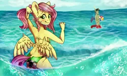 Size: 7200x4320 | Tagged: safe, artist:loladotz, derpibooru import, discord, fluttershy, anthro, absurd resolution, beach ball, bikini, blood, blushing, clothes, discoshy, female, flutterbutt, male, nosebleed, ocean, shipping, straight, swimsuit, water, wet