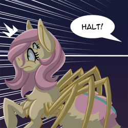 Size: 800x800 | Tagged: safe, artist:couchcrusader, deleted from derpibooru, derpibooru import, fluttershy, monster pony, original species, pony, spiderpony, comic:children of everfree, alternate universe, animated, gif, offscreen character, profile, raised hoof, species swap, speech bubble, spidershy, tumblr
