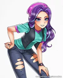 Size: 600x743 | Tagged: safe, artist:racoonsan, derpibooru import, starlight glimmer, equestria girls, mirror magic, spoiler:eqg specials, beanie, clothes, female, hat, human coloration, jeans, looking at you, nail polish, pants, ripped jeans, shirt, simple background, solo, vest, watch, white background, wristwatch