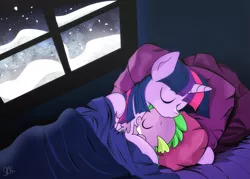 Size: 1481x1058 | Tagged: safe, artist:dsana, derpibooru import, spike, twilight sparkle, twilight sparkle (alicorn), alicorn, dragon, pony, baby, baby dragon, bed, blanket, cuddling, cute, daaaaaaaaaaaw, dsana is trying to murder us, eyes closed, fangs, female, horn, husband and wife, indoors, lying down, male, mare, night, pillow, shipping, side, signature, sleeping, smiling, snow, snowfall, snuggling, spikabetes, spikelove, twiabetes, twispike, window