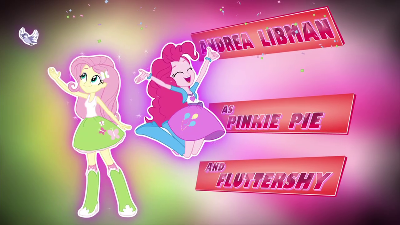 Size: 1280x720 | Tagged: safe, deleted from derpibooru, derpibooru import, screencap, fluttershy, pinkie pie, bird, equestria girls, friendship games, andrea libman, balloon, boots, bracelet, clothes, confetti, credits, eyes closed, high heel boots, jewelry, jumping, open mouth, skirt, socks, sparkles