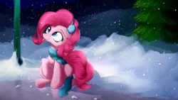 Size: 1920x1080 | Tagged: safe, artist:aurelleah, derpibooru import, pinkie pie, pony, :p, cheek fluff, chest fluff, clothes, cute, diapinkes, earmuffs, fluffy, ice, leg fluff, looking up, mlem, night, raised hoof, scarf, sitting, snow, snowfall, solo, tongue out, tree, winter