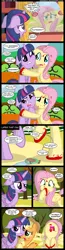 Size: 1189x4555 | Tagged: safe, artist:veggie55, derpibooru import, applejack, fluttershy, twilight sparkle, twilight sparkle (alicorn), alicorn, parasprite, pony, absurd resolution, bait and switch, comedy, comic, death, floppy ears, not blood, paint, squashed, stain