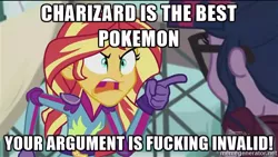 Size: 500x281 | Tagged: safe, derpibooru import, edit, edited screencap, screencap, sci-twi, sunset shimmer, twilight sparkle, charizard, equestria girls, friendship games, angry, caption, exploitable meme, genwunner, image macro, meme, opinion, pokémon, sunset yells at twilight, swearing, vulgar