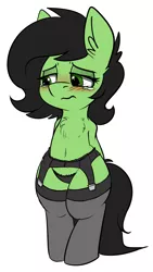 Size: 2255x4012 | Tagged: suggestive, artist:duop-qoub, derpibooru import, oc, oc:anonfilly, unofficial characters only, earth pony, pony, semi-anthro, absurd resolution, belly button, bipedal, black underwear, blushing, chest fluff, clothes, crying, female, feminization, filly, foalcon, forced, garter belt, lidded eyes, panties, simple background, solo, stockings, thigh highs, underwear, white background