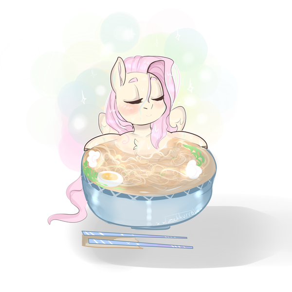 Size: 800x800 | Tagged: safe, artist:zakkurro, derpibooru import, fluttershy, pony, bath, bust, chest fluff, chopsticks, cup, cup of pony, enjoying, eyebrows, eyes closed, food, hot, micro, noodles, ponies in food, ramen, solo, stray strand