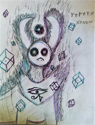 Size: 1899x2494 | Tagged: alien, all seeing eye, anti spiral, black hole, blue, changedling, changedling oc, changeling, cubes, derpibooru import, magic cubes, oc, oc:xenon, purple, safe, to where and back again, traditional art, unofficial characters only, void, xk-class end-of-the-world scenario