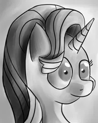 Size: 1031x1296 | Tagged: safe, artist:itsthinking, derpibooru import, starlight glimmer, pony, unicorn, bust, female, gradient background, gray background, grayscale, mare, monochrome, portrait, shocked, shrunken pupils, simple background, solo