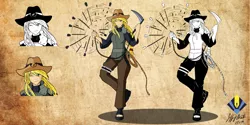 Size: 5950x2975 | Tagged: absurd resolution, applejack, artist:penspark, clothes, cowboy hat, crossover, derpibooru import, hat, human, humanized, kunoichi, kusarigama, looking at you, naruto, ninja, one eye closed, safe, shinobi, sickle, solo, stetson, weapon, wink