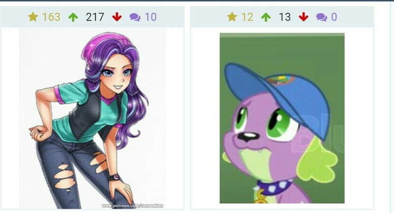 Size: 829x450 | Tagged: safe, derpibooru import, spike, spike the regular dog, starlight glimmer, dog, derpibooru, equestria girls, legend of everfree, cap, clothes, hat, jacket, juxtaposition, looking up, meme, meta, nail polish, pants, smiling, torn jeans