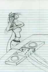 Size: 3989x6012 | Tagged: safe, artist:malleymall, derpibooru import, vinyl scratch, human, absurd resolution, clothes, female, headphones, humanized, lined paper, monochrome, music notes, pencil drawing, sketch, solo, traditional art, turntable