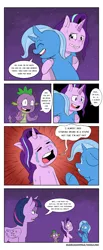 Size: 2434x5897 | Tagged: safe, artist:raph13th, derpibooru import, spike, starlight glimmer, trixie, twilight sparkle, twilight sparkle (alicorn), alicorn, dragon, pony, unicorn, comic:glim glam and pals, absurd resolution, bipedal, comic, crying, dialogue, eyes closed, female, hug, mare, the amazing trio of friendship, underhoof