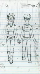 Size: 3402x6211 | Tagged: safe, artist:malleymall, derpibooru import, diamond tiara, silver spoon, human, absurd resolution, belly button, clothes, female, glasses, holding hands, humanized, lesbian, lined paper, midriff, monochrome, pencil drawing, shipping, silvertiara, traditional art