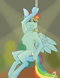 Size: 1304x1688 | Tagged: safe, artist:starrypallet, derpibooru import, rainbow dash, pegasus, pony, semi-anthro, female, mare, pole dancing, solo, stripper pole