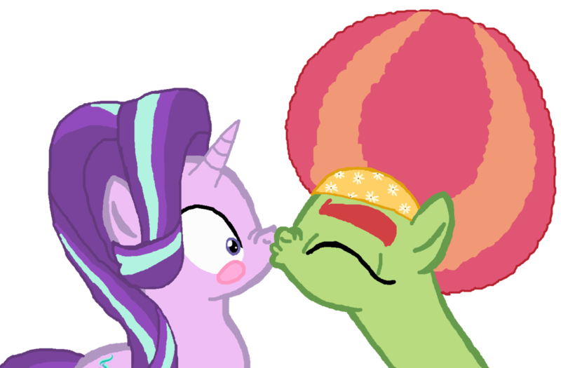 Size: 1103x724 | Tagged: safe, artist:ktd1993, derpibooru import, starlight glimmer, tree hugger, pony, afro, blushing, crack shipping, female, kissing, lesbian, shipping, simple background, starhugger, transparent background