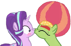 Size: 1103x724 | Tagged: safe, artist:ktd1993, derpibooru import, starlight glimmer, tree hugger, pony, afro, blushing, crack shipping, female, kissing, lesbian, shipping, simple background, starhugger, transparent background