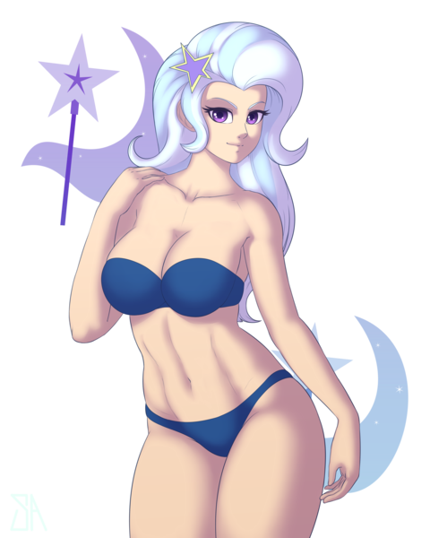 Size: 2400x3000 | Tagged: suggestive, artist:souladdicted, derpibooru import, trixie, equestria girls, abs, belly button, blue underwear, bra, breasts, busty trixie, clothes, curvy, female, hourglass figure, human coloration, looking at you, panties, pose, sexy, simple background, smiling, solo, solo female, strapless bra, transparent background, underwear