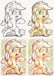 Size: 854x1200 | Tagged: safe, artist:assasinmonkey, derpibooru import, applejack, pony, bipedal, chibi, colored sketch, cowboy hat, cute, fangs, hat, jackabetes, looking at you, solo, stetson, wip