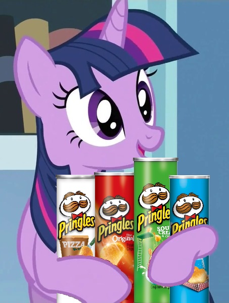 Size: 453x600 | Tagged: safe, derpibooru import, edit, twilight sparkle, pony, unicorn, /mlp/, 4chan, chips, cute, food, hug, open mouth, potato chips, pringles, smiling, solo, twilight holding food